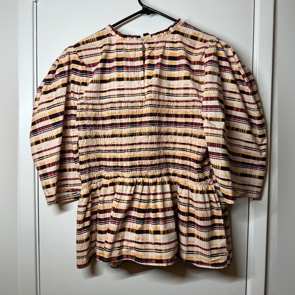 Eloquii Elements Plaid Short Puff Sleeves Peplum Smocked Cream Black Blouse 22 - Picture 9 of 16